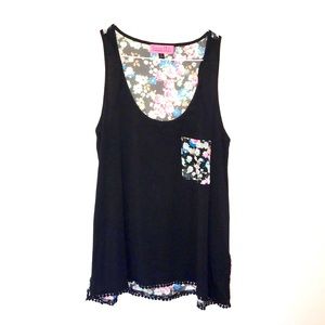 SUGAR HIGH | Floral Sheer Back Pom Trim Tank Top